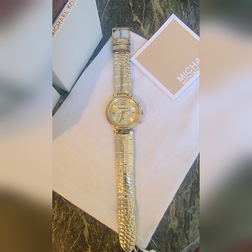 MICHAEL KORS GOLD Crystal Bezel Ladies Watch GOLD Leather Snake Strap Box $325 - Picture 2 of 13